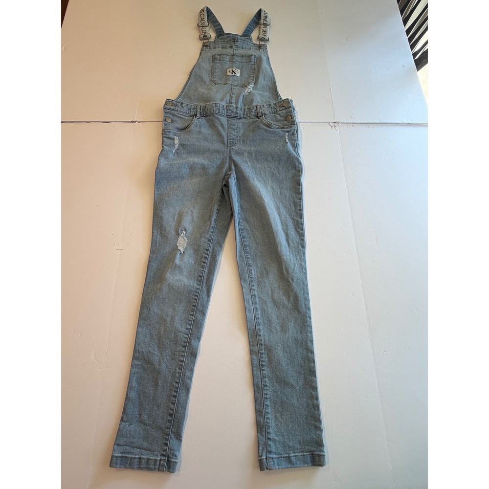 Calvin Klein Jeans Girls Distressed Denim Overalls Light Wash Size 14 Logo Strap